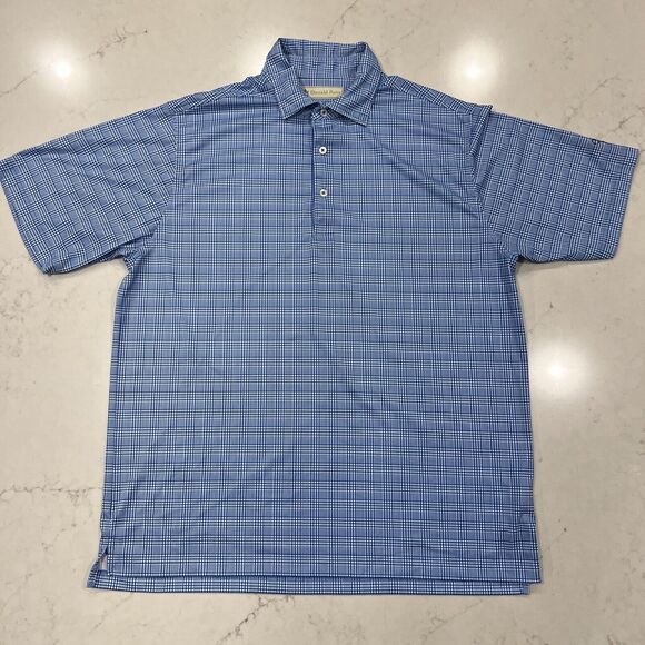 DONALD ROSS Mens Sz L Blue White Plaid Short Sleeve Golf Polo Shirt Nemacolin CC - Picture 1 of 9